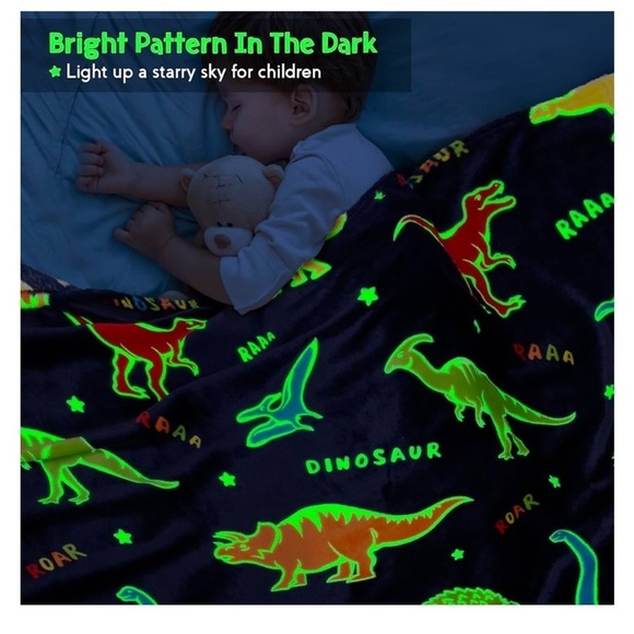 NWT Colorful Dinosaur Blanket Glow in the Dark  Blue 50"x60"  🦖 🦕 - Picture 2 of 7